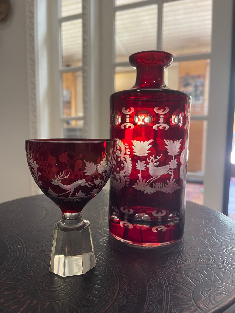 Egermann Ruby Red Etched Glass Decanter and Goblet Set